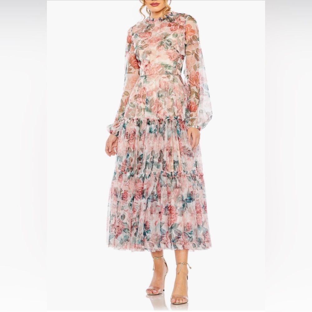 Mac Duggal Floral Balloon Sleeve Midi Dress